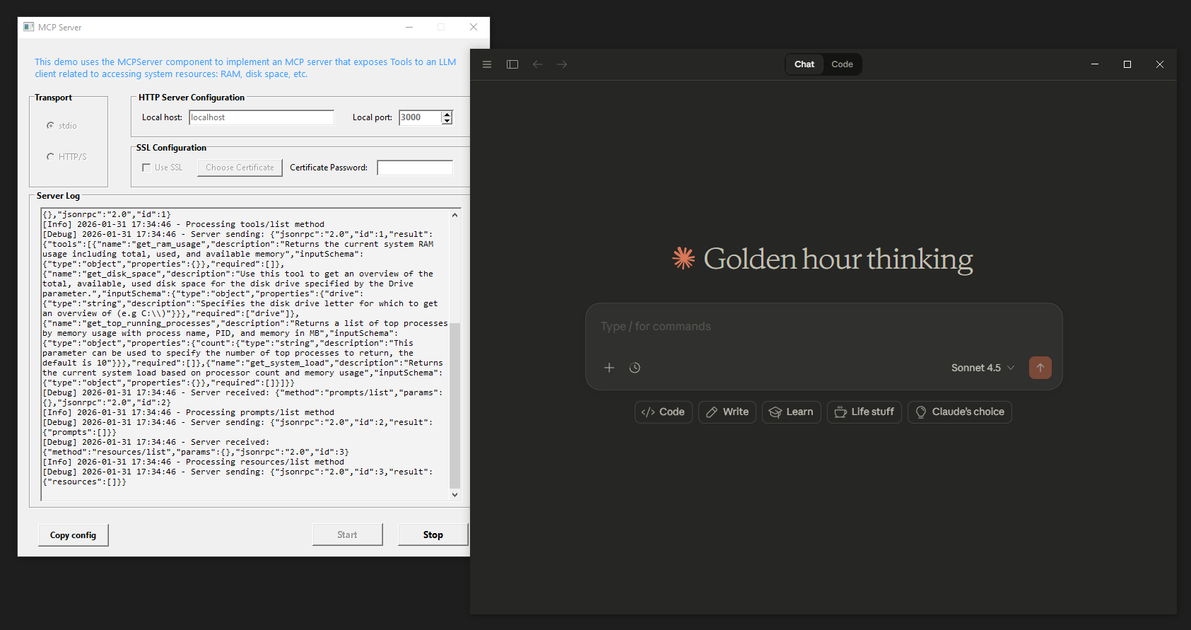 "Claude Running the Demo over stdio"
